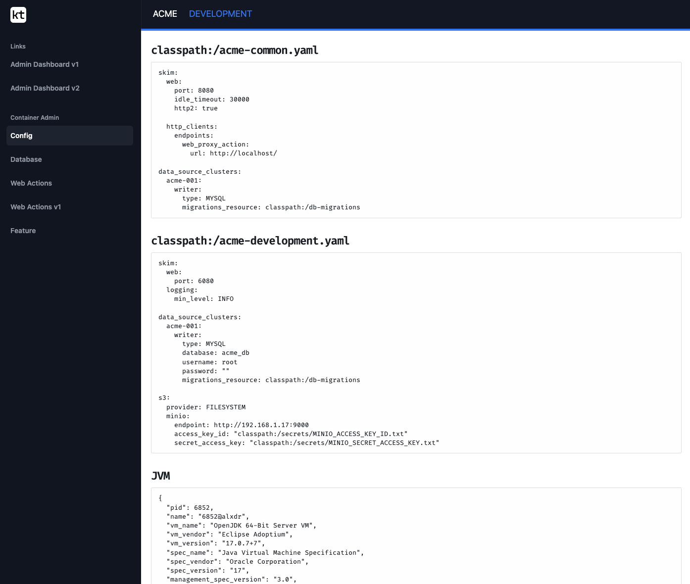 See all the YAML and JVM config. Misk admin dashboard Config tab.